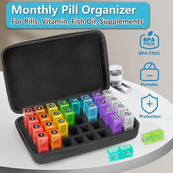 Monthly Pill Organizer 2 Times a Day with Weekly Pill Bag, 30 Day Pill Box Organizer with 32 Daily Compartments, One Month Pill Box Holder with Hard Travel Case 31 Days Medication Management