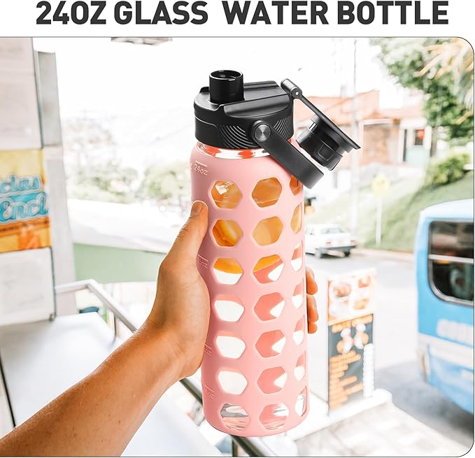MUKOKO Glass Water Bottles, 24oz Glass Tumbler with Straw, Drinking Bottles with 2 Lids-Handle Spout Lid&Bamboo Straw Lid, Motivational Water Bottle with Time Marker and Silicone Sleeve, 1 Pack-Pink