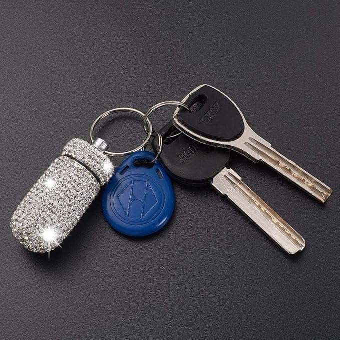 XhuangTech Waterproof Keychain Pill Box Bling Round Medicine Organizer Holder Container Aluminum Portable Mini Bottle Storage Case for Outdoor Travel Camping Purse Pocket (White)