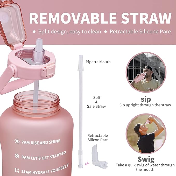 64oz,100oz,128oz Large Motivational Water Bottle with Time Marker, Leakproof & BPA Free Half Gallon Big Water Bottle with Straw Handle Tritan Frosted Water Jug for Gym,Fitness,Outdoor Sports