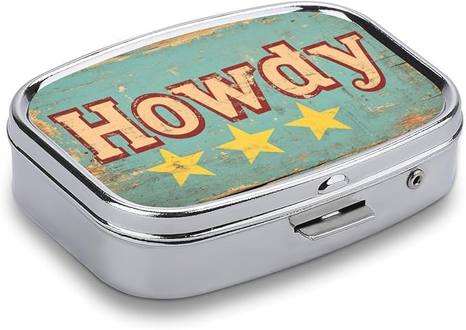 Vintage Howdy Western Pill Box 2 Compartment Portable Medicine Pill Case Travel Pill Organizer for Pocket Purse