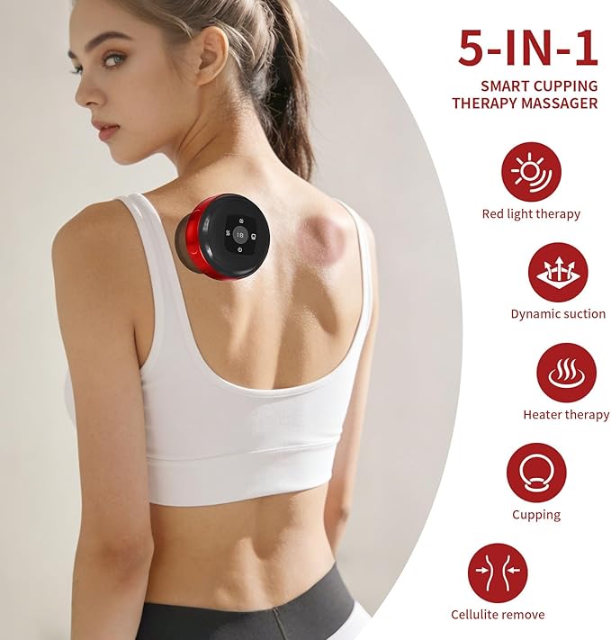 5-in-1 Smart Dynamic Cupping Therapy Massager Set, 12 Levels Heat & Suction Cupping Kit for Massage Therapy, Electric Cupping Device with Red Light Therapy for Back Pain, Knots, Muscle Soreness (Red)