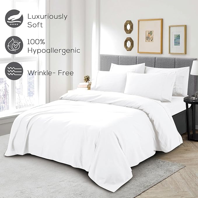 Mueller UltraTemp 6 PC Queen Sheet Set - Ultra-Soft Luxury Series, Cooling & Breathable Hotel Luxury Bed Sheets, Deep Pocket Wrinkle-Free Oeko-TEX, White