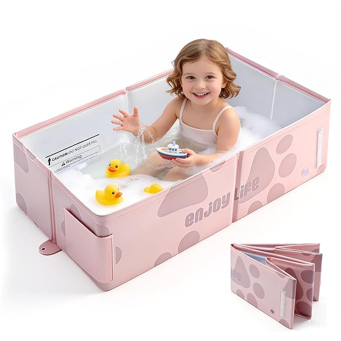 Baby Bathtub, Portable & Collapsible Bath Tub for Infant and Toddler, Foldable Toddler Tub for Small Bathroom, Newborn Baby Bath Essentials for Travel & Beach, Bañera para Bebé, Pink