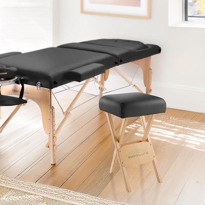 Saloniture Wood Folding Massage Stool with Carrying Case, Black