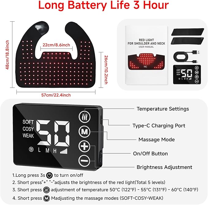 Red Light Therapy for Neck Shoulder,Rechargeable Infrared Light Therapy Device for Body with Massage and Timer,Wearable 660nm&850nm Red Light Therapy Wrap Pads for Body at Home（150 Lights）