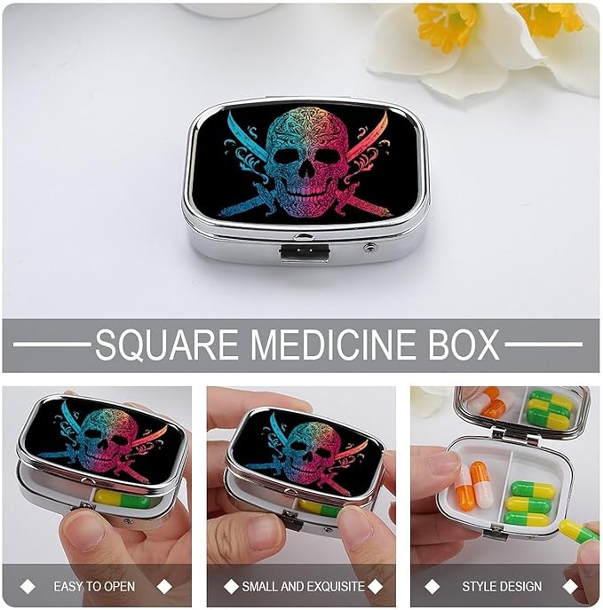 Metal Pill Organizer – 2-Compartment Pocket Pill Box for Vitamins, Supplements, Medications – Compact Travel Case (Ornate Rainbow Skull)