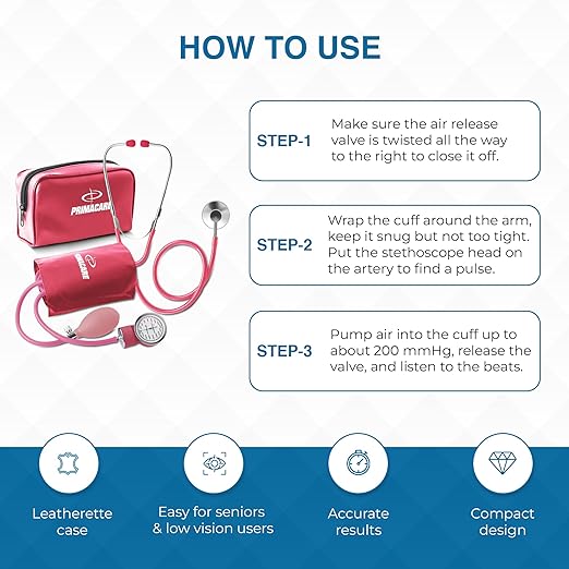 PrimaCare Medical DS-9197-PK Professional Classic Series Manual Adult Size Blood Pressure Kit, Emergency Bp kit with Stethoscope and Portable Leatherette Case, Nylon Cuff, Pink