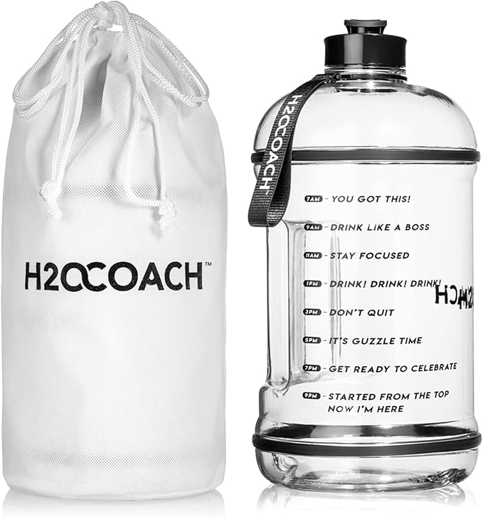 H2OCOACH 1 Gallon Hydration Jug with Time Marker & Measurements, BPA-Free Tritan Sports Drink Container, Motivational Daily Intake Tracker for Gym, Workout, & Fitness Routines (128 oz)