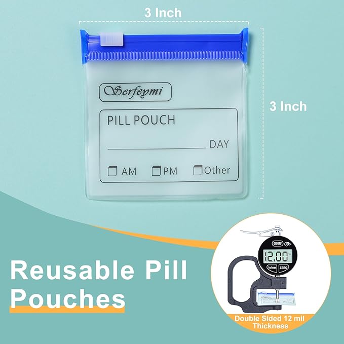Serfeymi 114 Pcs Pill Pouch Bags for Travel Reusable Plastic Bags 3"x3" 12 mil (Double Sided) Translucent Zipper Pill Pouches for Medicine with Slide Lock & Writable Label, 1x Marker-White+Blue+Yellow