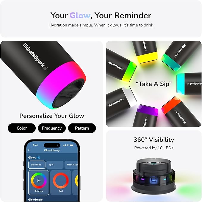 Hidrate Spark PRO Smart Tumbler Bundle – Insulated Stainless Steel – Tracks Water Intake with Bluetooth, LED Glow Reminder When You Need to Drink – 20oz (Black)