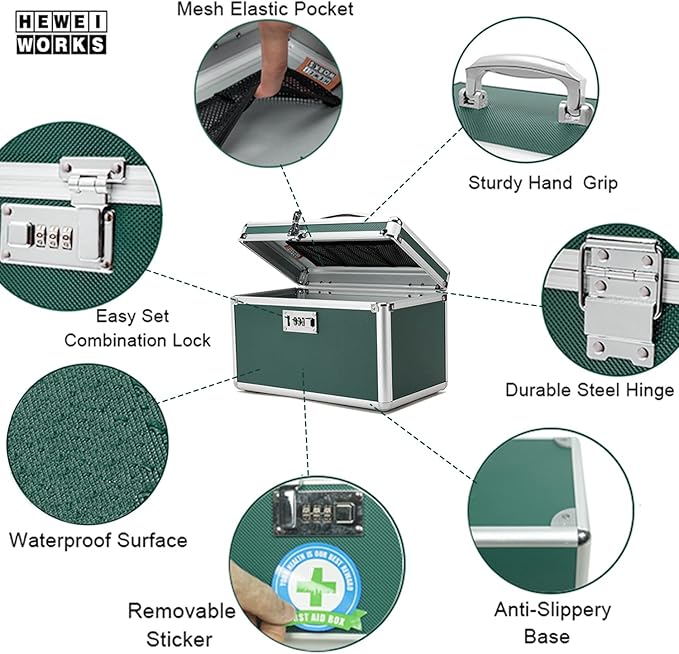 Lockable Medication Box with Portable Storage Case, 12.2''x 7.2''x 7.6'', Childproof Medicine Lock Organizer, Lockbox for Documents & Valuables (Green/Medium)