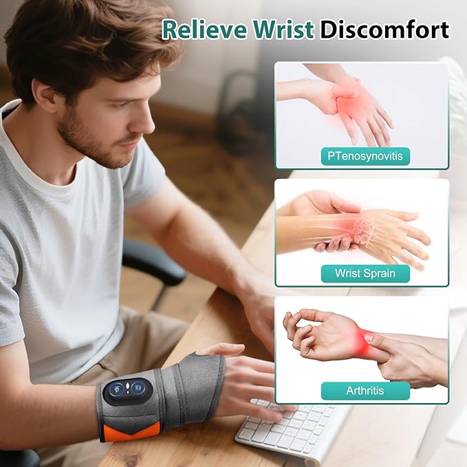 Wrist Heating Pad with Massage, Cordless Wrist Hand Heating Pad for Pain Relief, Red Light Heated Wrist Wrap with 3000mAh Battery, Vibration and Adjustable Heat Settings - Left Right Hand