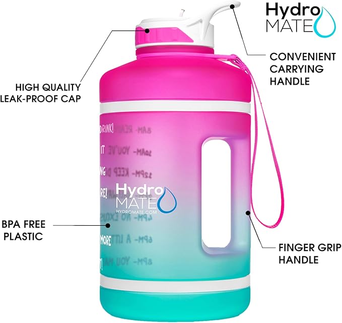 NatureWorks HydroMATE Half Gallon Water Bottle with Time Markers BPA Free Reusable Leak Proof Jug with Straw and Handle 64 oz