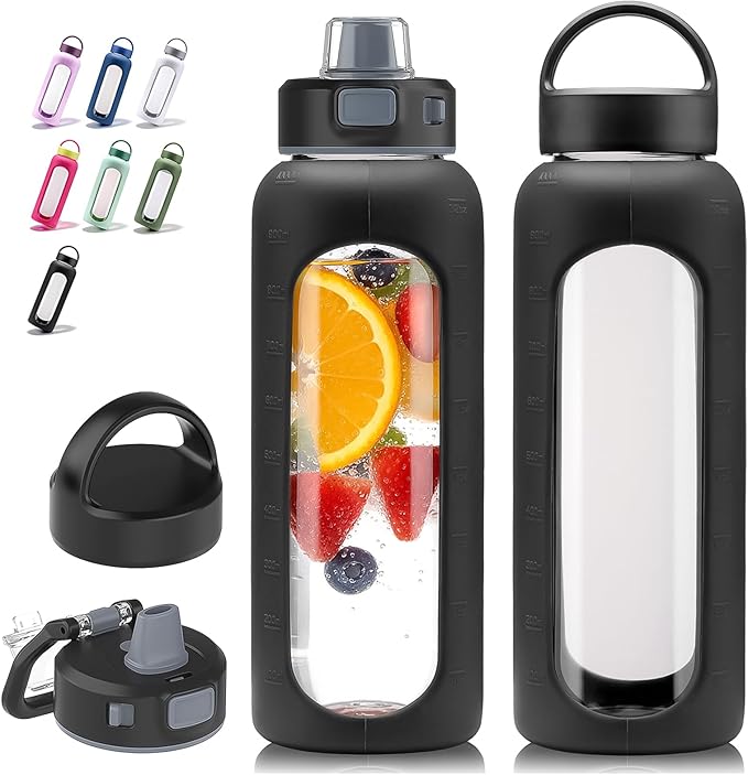 Kodrine Glass Water Bottle 32 oz-Black/Borosilicate Glass Motivational Water Bottle with Straw and 2 Lids,Silicone Sleeve,Time Marker,Dishwasher Safe and BPA Free for Travel,Sports