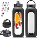 Kodrine Glass Water Bottle 32 oz-Black/Borosilicate Glass Motivational Water Bottle with Straw and 2 Lids,Silicone Sleeve,Time Marker,Dishwasher Safe and BPA Free for Travel,Sports