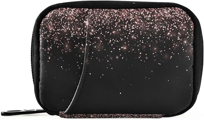 Rose Gold Black Glitter Pill Organizer Case 7 Day Travel Pill Box with Zipper Portable Weekly Vitamin Medicine Supplement Holder Pouch Bag