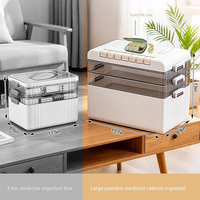 Large Medicine Cabinet Pill Organizer 3 Tier First Aid Storage with Foldable Handle for Household Essentials Emergency Use