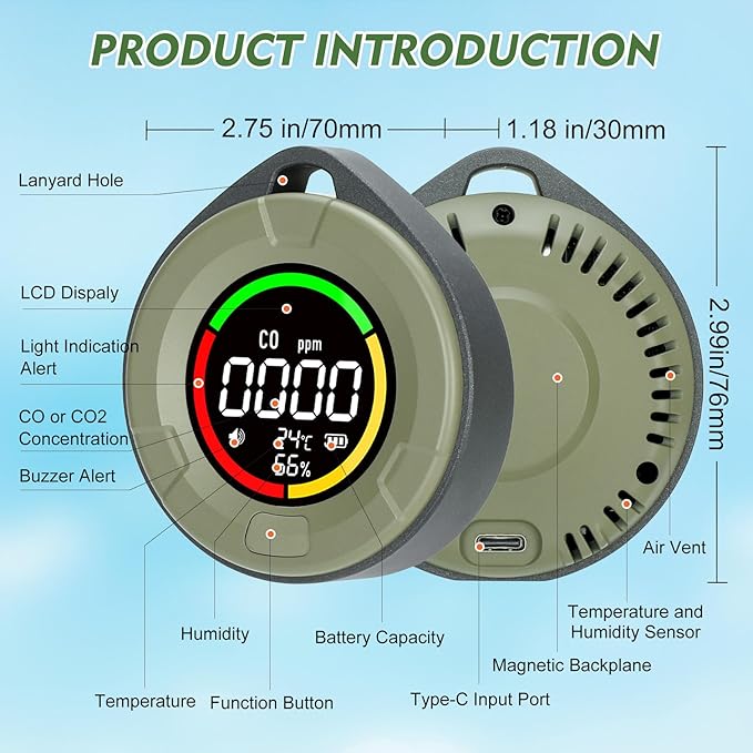 Portable CO ＆ CO2 Detectors for Travel, 4-in-1 Carbon Monoxide and Carbon Dioxide Monitor with Magnetic Suction, Rechargeable CO CO2 Alarm Temp/Humidity Sensor,120-140HR Standby for Home/RV