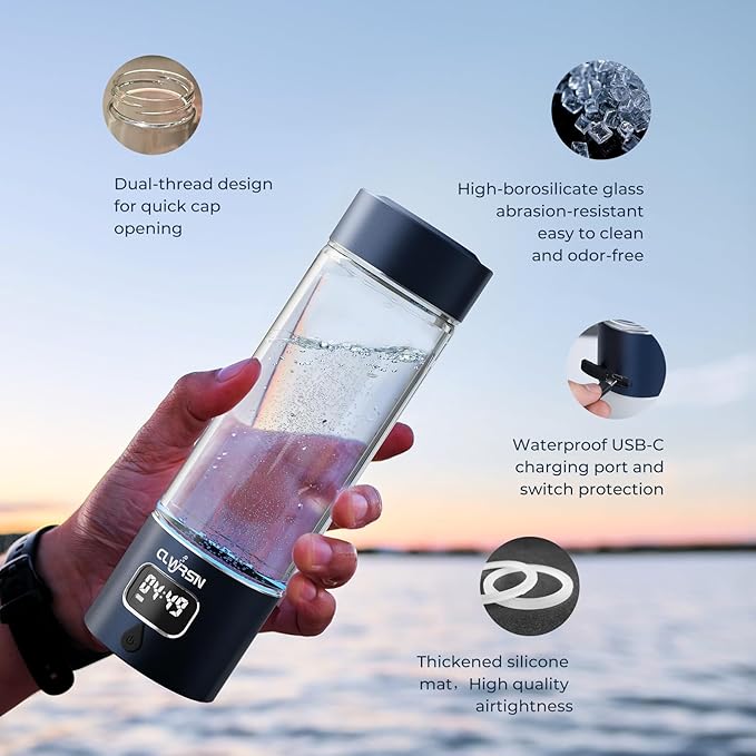 Hydrogen Water Bottle Generator, SPE/PEM Tech, Dual-Thread Quick-Open Cap, Bottom Vent Design, USB-C Rechargeable, LED Timer, Borosilicate Glass, 11.5oz (Blue)