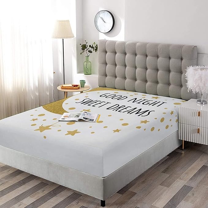 Decorative Bedding Sheet Set Twin XL Size, Sweet Dreams Deep Pockets Fitted Sheet & 2 Pillow Sham Set, Cheerful Calligraphy with Moon Stars and Dots Print Microfiber 3pc Bed Sheets Set