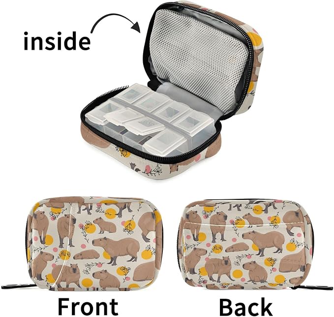 Pill Box Capybara 7 Day Pill Case Travel Pill Organizer Bag with Zipper Portable Weekly Vitamin Medicine Supplement Holder Pouch Bag
