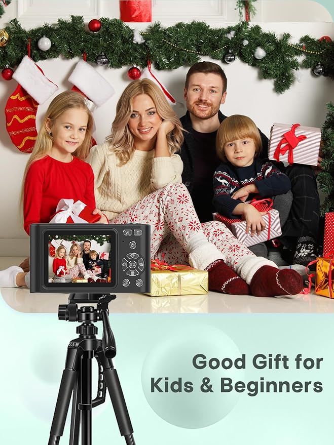 Digital Kids Camera 1080P Vlog Camera with 64GB, Lanyard, 16X Zoom Anti Shake, Card Reader 44MP Compact Portable Point Shoot Digicam for Kid Teen Girl Boy Christmas Halloween Thanksgiving(Black)