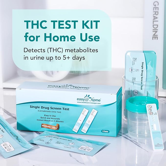 Easy@Home Marijuana THC Test Kit with Urine Cup: 5 Pack Highly Accurate Urine Drug Screen Tests for Weed/Cannabis, Standard Detection Threshold 50ng/mL, Instant Results in 5 Min