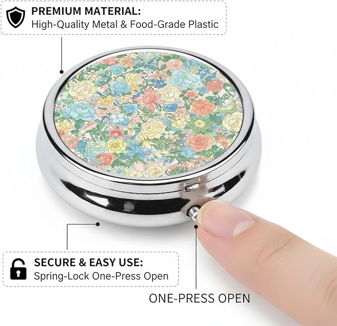 Round Pill Case Small Pill Box with Mirror Pocket 3 Compartment Vitamin Pill Medicine Case Organizer Pill Containers for Traveling Flower Blooming
