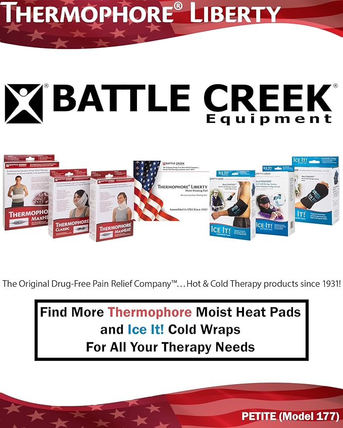 Assembled in - Thermophore Liberty 2 Moist heating pad for arthritis, back, neck, shoulder pain and cramps relief - Electric, 3 Temp Settings with auto shut off & specialty cover, Petite 4"x17" Rolled