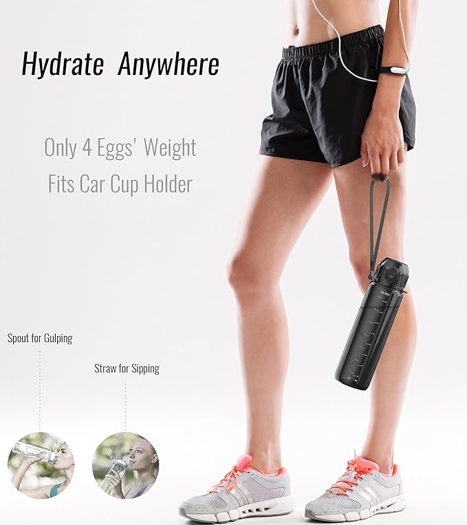32oz/1L Sport Water Bottle, Light Tritan, Quick-Open Chug Lid/Straw 2-in-1, Leak-Proof, Dishwasher-Safe, BPA-Free, Drop-Resist & Scratch-Resist for Travel/Gym/Office (Black Minimalism)