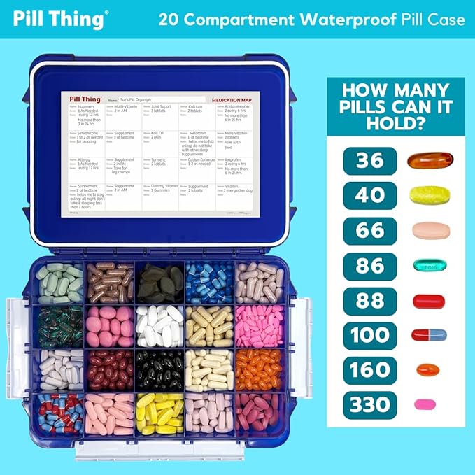 20 Compartment UV Protected Large Cobalt Blue Pill Case with Airtight Seal, Spill Proof, Silicone Gasket Waterproof Med Box with Medication Map (Cobalt Blue, 20 Compartment - 1 Pack)