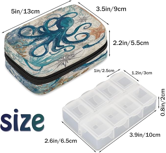 Weekly Travel Pill Organizer Case for Purse with Removable 7 Day Box Portable Compact Size Pill Box Fashionable Pill Container for Medicine Vitamin Supplement Vintage Sea Octopus