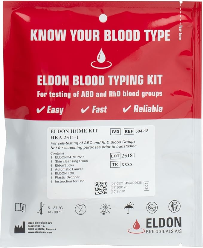 Eldoncard Blood Typing Kit, 1 Test Pack, Know Your Blood Type, Accurate Instant Home Testing, Determine A, O, B, RHS-D Negative & Positive Groups