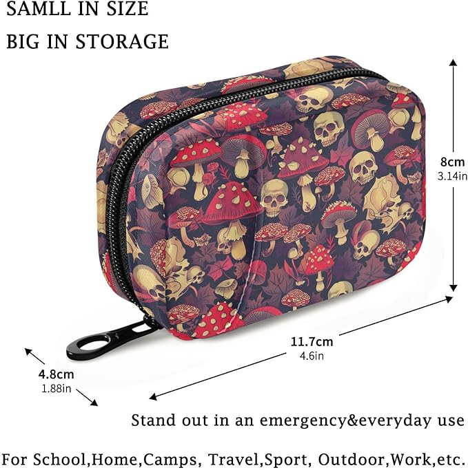 Fustylead Red Amanita Mushrooms Fall Leaves and Skulls Travel Pill Organizer Case Zipper for Purse with Removable Weekly Pill Box for Medicine, Vitamin, Supplement Medicine Organizer