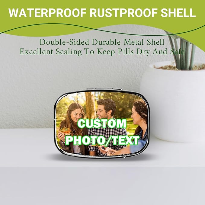 Custom Pill Box Organizer Travel With Photo,Logo,Text Personalized Metal Medicine Pill Case Waterproof Tablet Vitamin Holder Organizer for Purse Pocket Travel Gifts with Mirror&Key Rings 2 Compartment