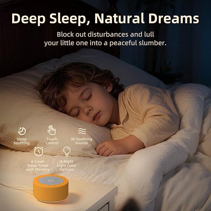 Kipcush White Noise Machine - Soft Non-Glare Nursery Lamp, 30 Soothing Sounds, 8 Color Lights, Max 8-Hour Timer for Baby & Adults (Orange, Standard)