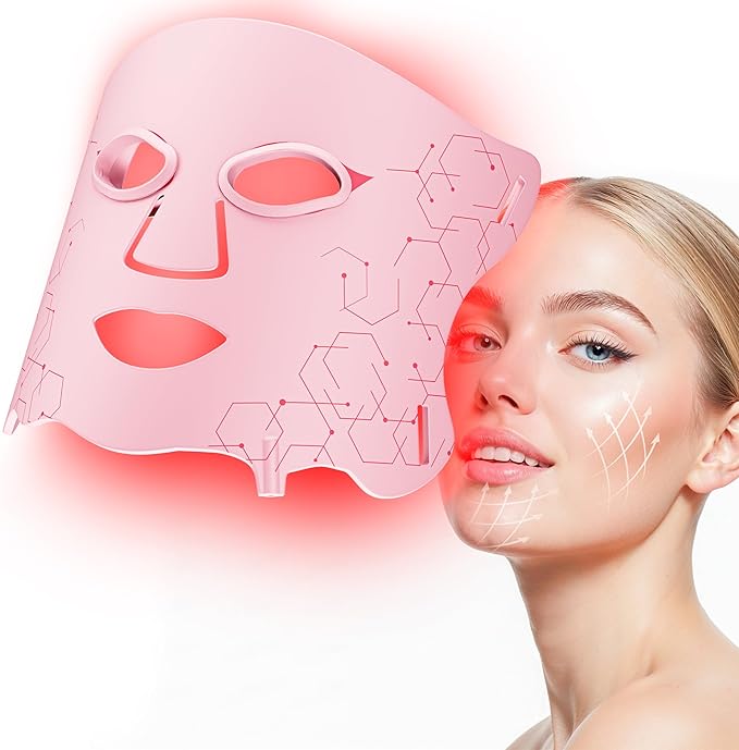 LED Light Therapy mask (E106A) for Face, LED Light Therapy Mask with Adjustable Brightness and Timer, Soft Silicone Red Light Therapy Mask for Home & Travel, Pink