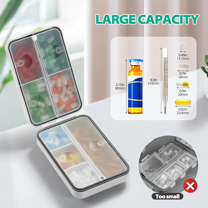 Weekly Pill Organizer, Extra Large Pill Box with Labels and Storage Bag, 8 GRIDS Medicine Pill Organizer, Moisture-Proof Airtight Travel Pill Case for Vitamin, Medicine, Supplement Organizer, White