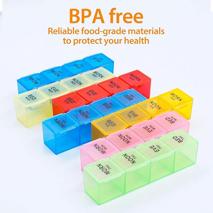 4Pack Weekly Pill Organizer 4 Times a Day, 7-Day Pill Boxes, Monthly Medication Organizer 28 Days Portable Compartments & Moisture-Proof Outer Case for Vitamins, Fish Oils, Supplements (Black)