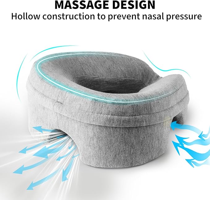 Face Down Pillow for Massage Table, Massage Headrest for Bed, Stomach Sleeping Pillow with Face Cradle Pad, BBL Pillow After Surgery Post Eye Surgery Recovery, Massage Pillow with Removable Cover Grey