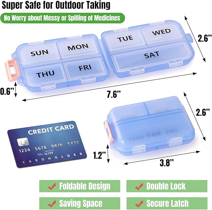 7 Day Compact Pill Organizer, Foldable Portable Travel Pill Box with Double Protection, Daily Small Pill Case Dispenser for Medication, Vitamins, Supplements (Clear Blue)