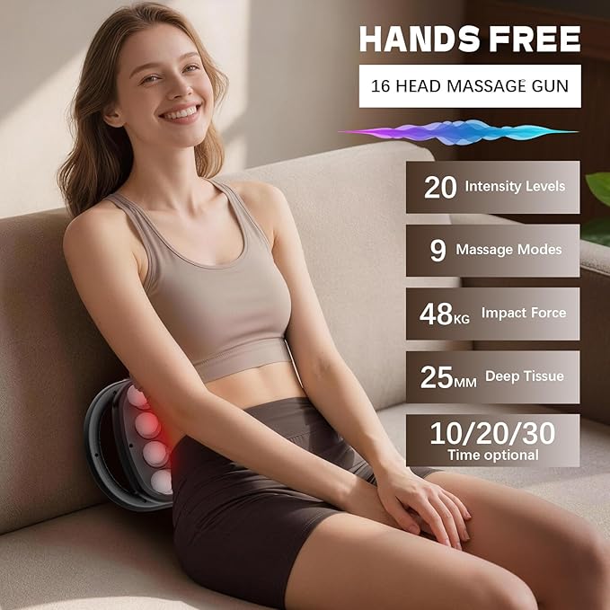 16 Head Massage Gun, Back Massager for Pain Relief, Massage Gun Deep Tissue, Time Adjustable Percussion Massager with 9 Modes 20 Intensities for Body, Shoulder, Neck, Legs, Foot, Gifts for Men/Women