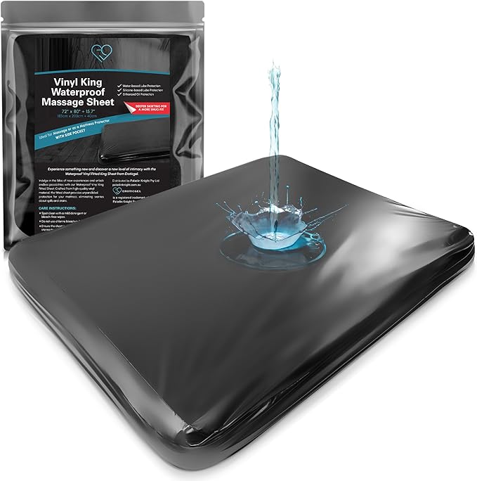 Black Vinyl King Waterproof Fitted Massage Bed Sheet with Side Pocket | Mattress Protector, Bed Cover for Nuru Massage - Oil, Water-Based, Silicone Safe | 72″ x 80″ +15.7″ Deep Pocket