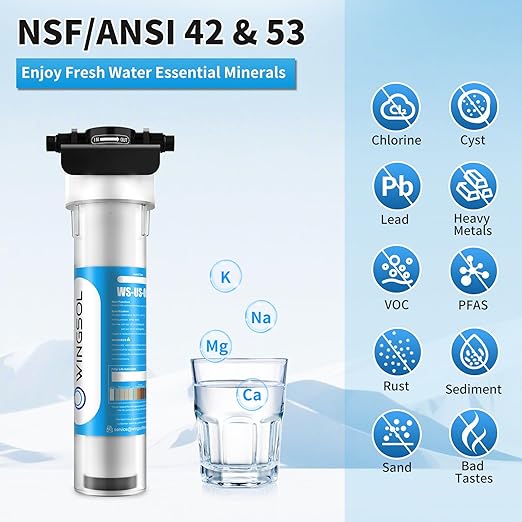 WINGSOL Water Filter for Sink Faucet, Reduce Heavy Metals/Chlorine/PFAS/PFOA/PFOS/Odor/Sediment, NSF/ANSI 42&53 Improve Taste, EZ Change Life Indication Mineral pH+ Under Sink Water Filter (Advanced)