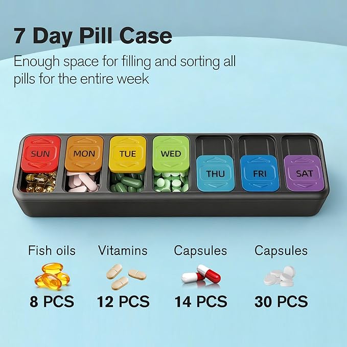 Restree Weekly Pill Organizer Once a Day, Daily Medicine Organizer with Slide-Lid, 7 Day Portable Travel Pill case, Vitamin & Supplement Organizer (Black)