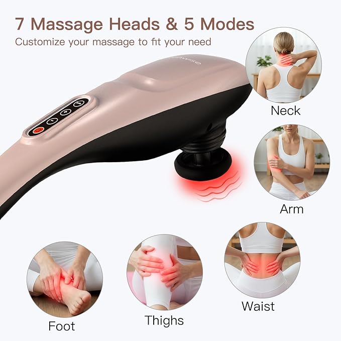 MEGAWISE Cordless Handheld Back Massager w/Rechargeable 3200mAh Battery, 5 Speed and 5 +2 Massage Nodes with Hard, Medium and 2 Soft Silicone Nodes; Massage While Moving Around (Rose Gold)