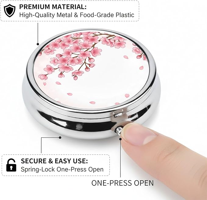 Round Pill Case Small Pill Box with Mirror Pocket 3 Compartment Vitamin Pill Medicine Case Organizer Pill Containers for Traveling Cherry Blossom