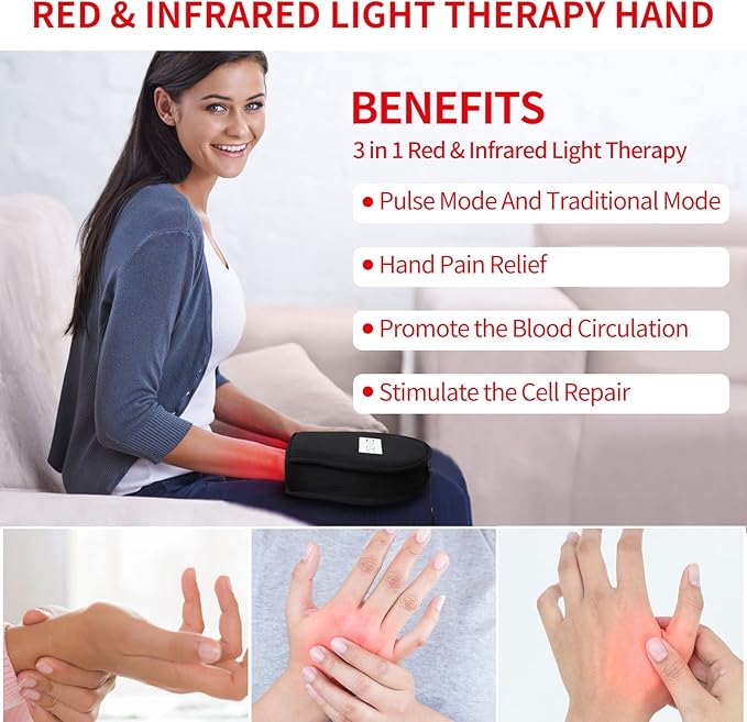 Red Light Therapy Device Mitten with 880nm Infrared Light Therapy Pulse Mode for Hand Finger Body, New Flat LED Lights Pain Relief Muscle Relax Home Office Use Gift for Men & Women