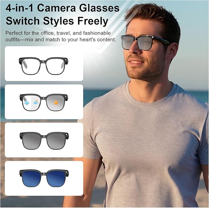 AI Smart Glasses with Camera, 8MP HD Camera Glasses with Video Recording Dual Mic, Real-time Translation & AI Voice Assistant, Identify Objects, IP65 Waterproof, Ideal for Travel & Meetings